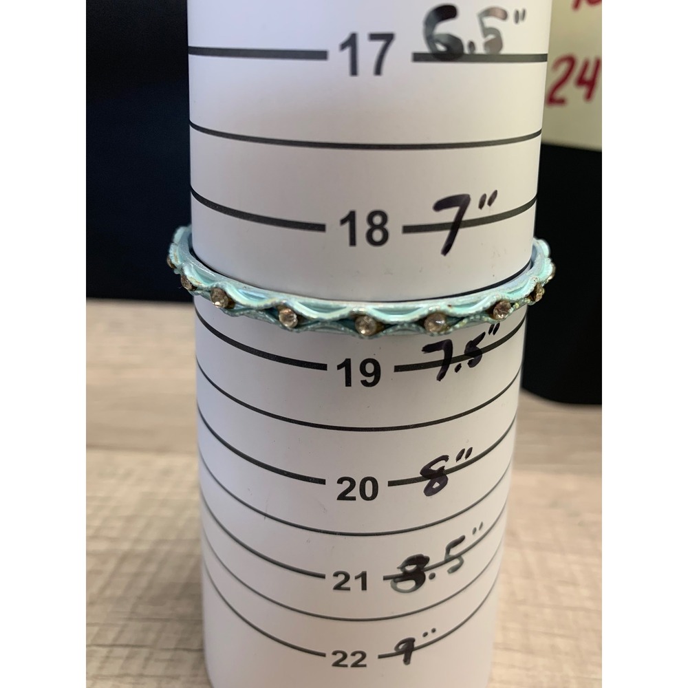 Light Blue Enamel Rhinestone Bangle Bracelet Slim Textured Stacking Band - Picture 6 of 7